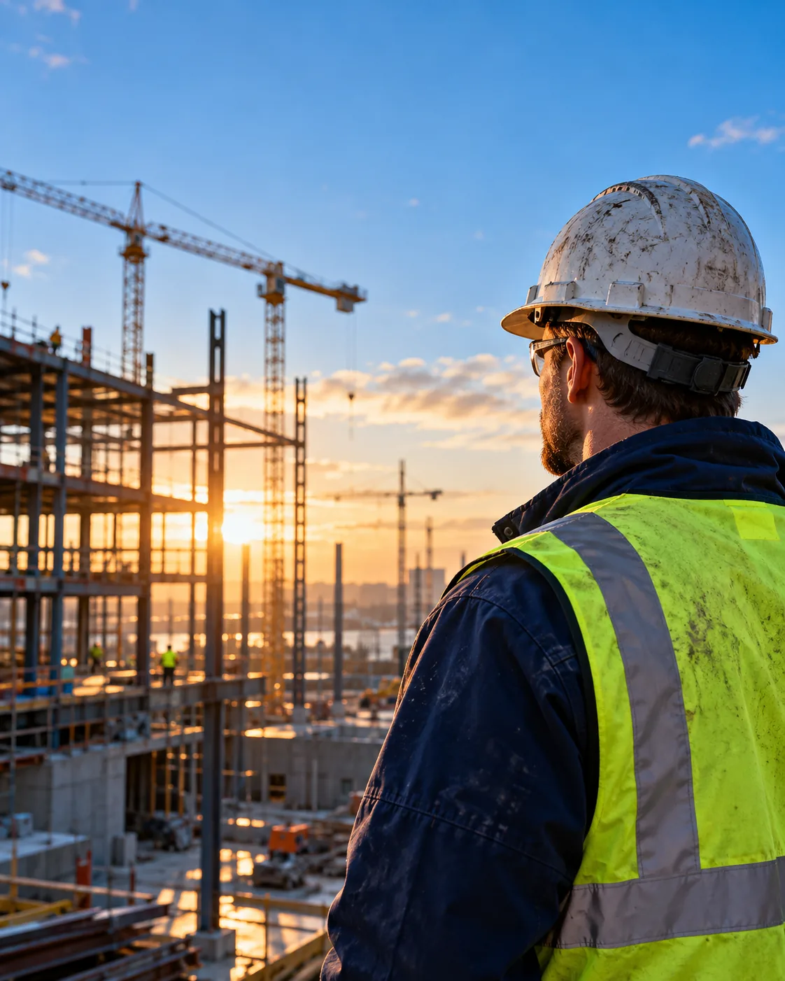 Construction tradesperson at a building site at sunrise